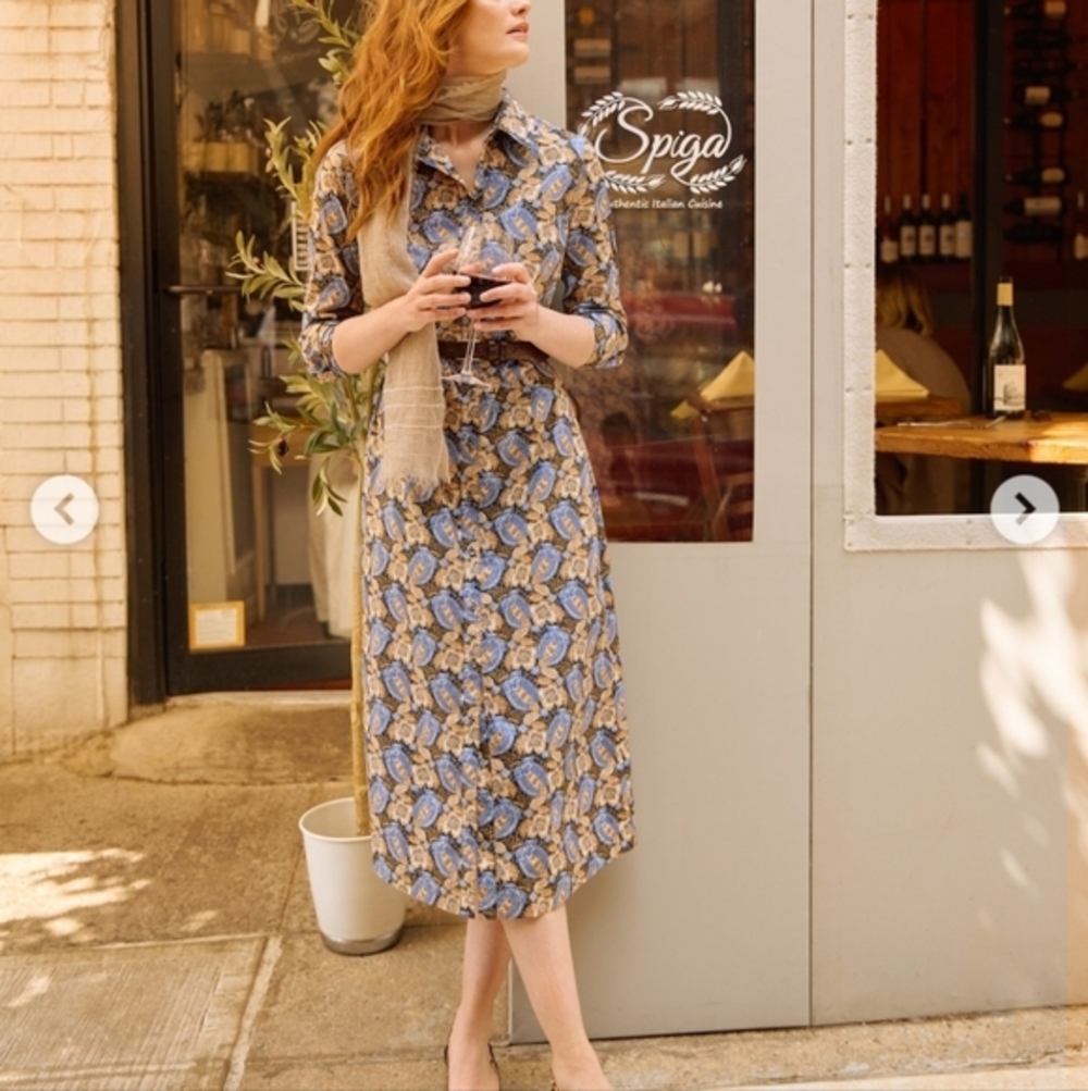 J. McLaughlin Women's Blue Tan Floral Paisley Long Sleeve Louisa Dress Size Med